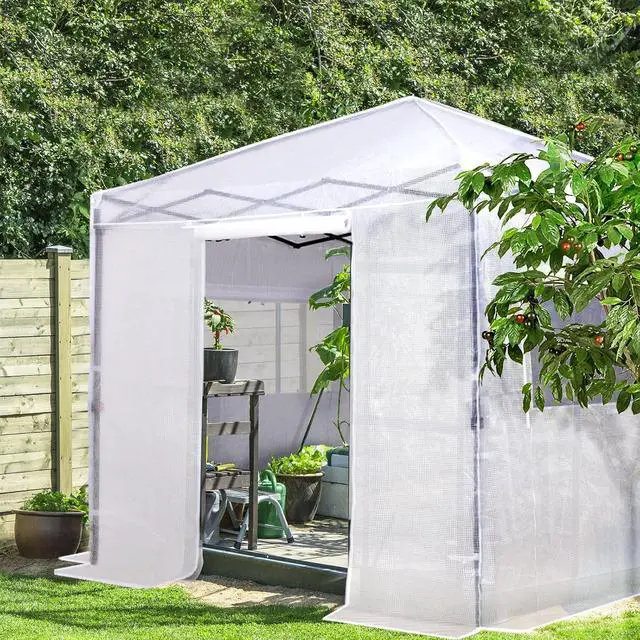 Alt view image 6 of 7 - 8x8 Portable Walk in Greenhouse, Pop Up Indoor Outdoor Greenhouse, Green House Kit with Zippered Roll-Up Doors and Windows, PE Cover, Clear/White