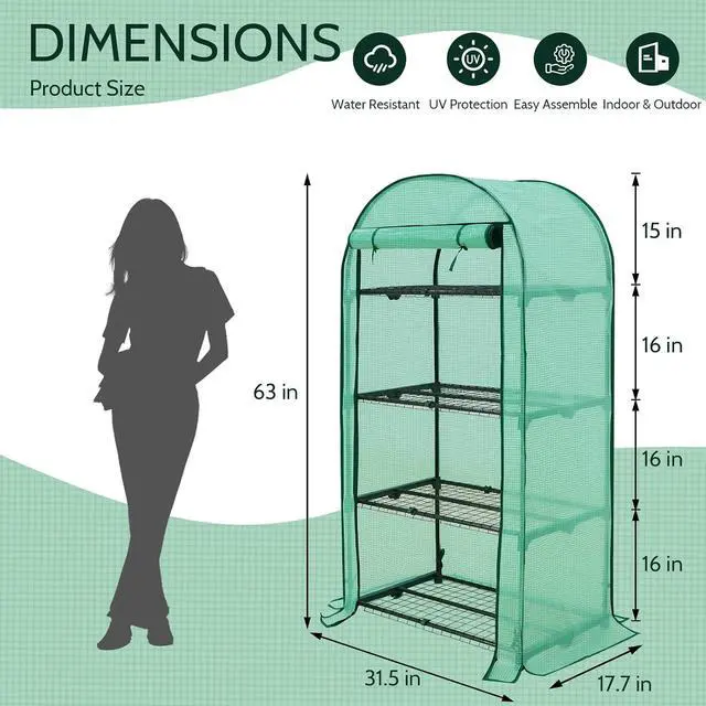 Alt view image 3 of 7 - 4-Tier Mini Greenhouse Portable Green House with Shelves & Weather-Resistant PE Cover, Small Greenhouse for Seedlings & Gardening Gifts, 32x18x63 in, Clear/Green