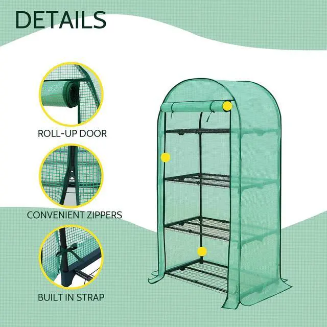 Alt view image 2 of 7 - 4-Tier Mini Greenhouse Portable Green House with Shelves & Weather-Resistant PE Cover, Small Greenhouse for Seedlings & Gardening Gifts, 32x18x63 in, Clear/Green