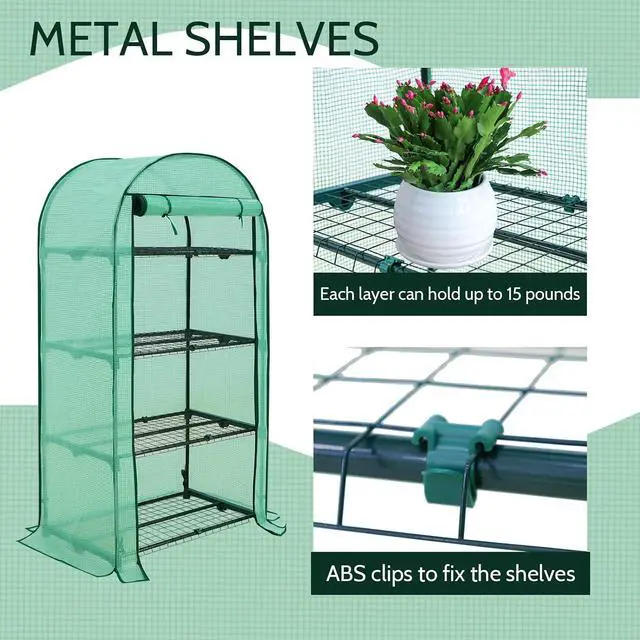 Alt view image 4 of 7 - 4-Tier Mini Greenhouse Portable Green House with Shelves & Weather-Resistant PE Cover, Small Greenhouse for Seedlings & Gardening Gifts, 32x18x63 in, Clear/Green