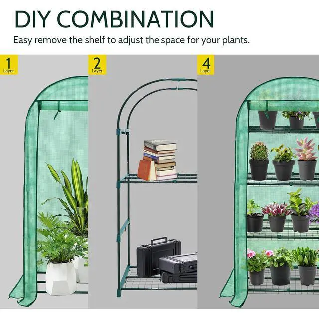 Alt view image 6 of 7 - 4-Tier Mini Greenhouse Portable Green House with Shelves & Weather-Resistant PE Cover, Small Greenhouse for Seedlings & Gardening Gifts, 32x18x63 in, Clear/Green