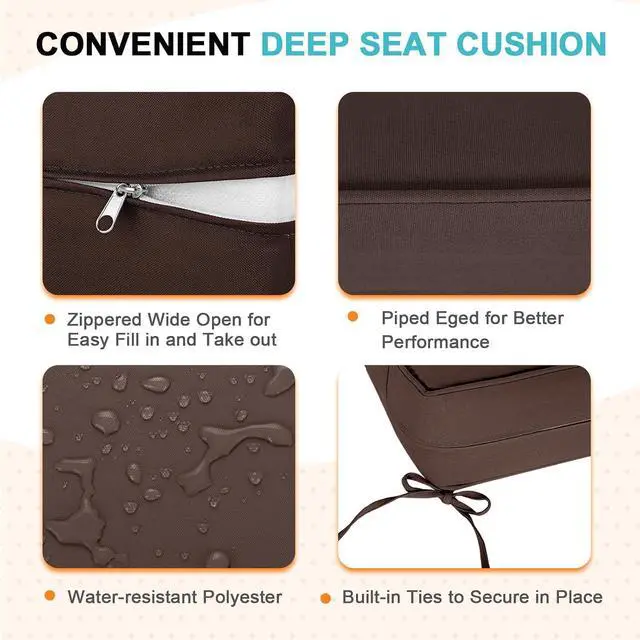 Alt view image 4 of 7 - Outdoor Deep Seat Patio Seat Cushion Set, 24 x 24 x 5 inch, 2-Piece Back Chair Cushion, 1 Pack, Brown