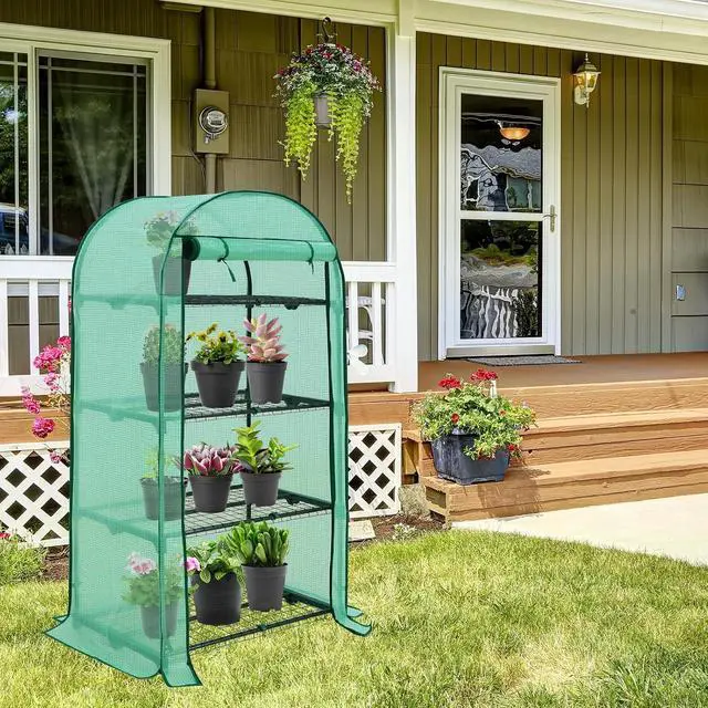 Alt view image 5 of 7 - 4-Tier Mini Greenhouse Portable Green House with Shelves & Weather-Resistant PE Cover, Small Greenhouse for Seedlings & Gardening Gifts, 32x18x63 in, Clear/Green