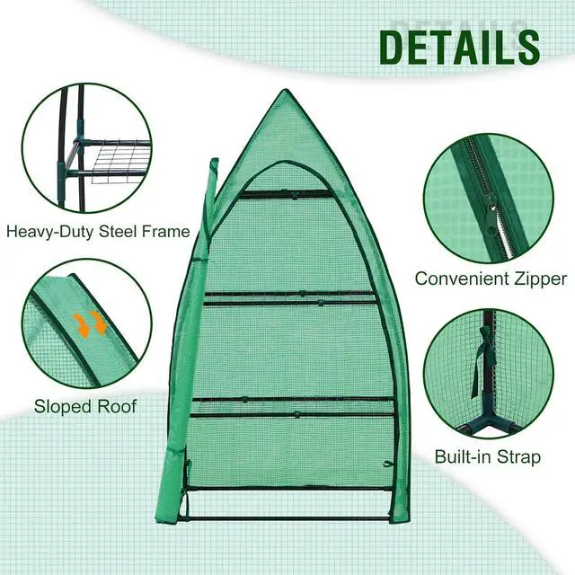 Alt view image 2 of 7 - 4-Tier Mini Greenhouse Portable Green House with Shelves & Weather-Resistant PE Cover, Small Greenhouse for Seedlings & Gardening Gifts, 35x18x63 in, Clear/Green