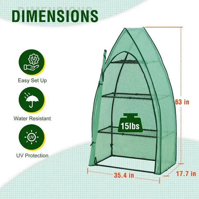 Alt view image 3 of 7 - 4-Tier Mini Greenhouse Portable Green House with Shelves & Weather-Resistant PE Cover, Small Greenhouse for Seedlings & Gardening Gifts, 35x18x63 in, Clear/Green