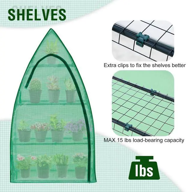 Alt view image 4 of 7 - 4-Tier Mini Greenhouse Portable Green House with Shelves & Weather-Resistant PE Cover, Small Greenhouse for Seedlings & Gardening Gifts, 35x18x63 in, Clear/Green