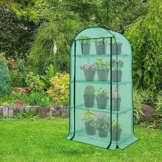 Alt view image 7 of 7 - 4-Tier Mini Greenhouse Portable Green House with Shelves & Weather-Resistant PE Cover, Small Greenhouse for Seedlings & Gardening Gifts, 32x18x63 in, Clear/Green