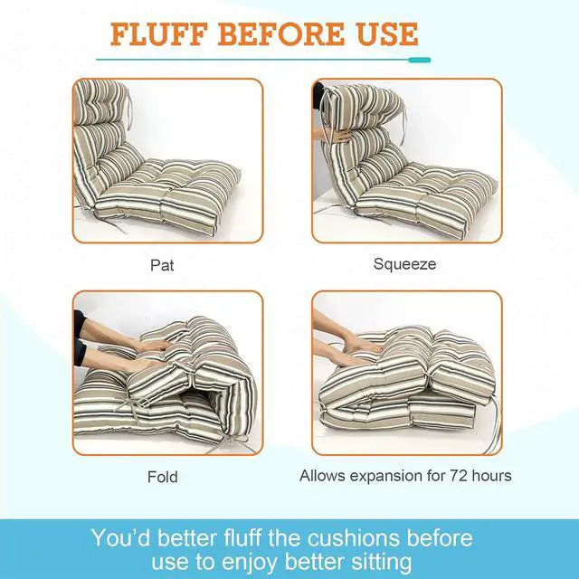 Alt view image 6 of 7 - Tufted Outdoor/Indoor High Back Patio Chair Cushions, 2 Pack, 46'' x 22'', Beige Stripes