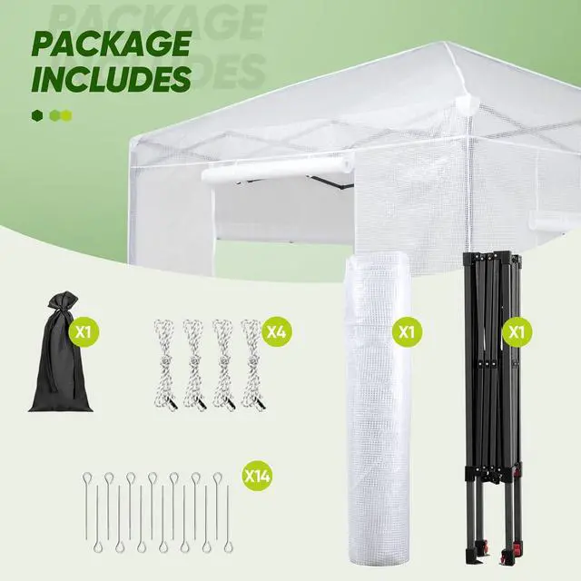 Alt view image 7 of 7 - 8x8 Portable Walk in Greenhouse, Pop Up Indoor Outdoor Greenhouse, Green House Kit with Zippered Roll-Up Doors and Windows, PE Cover, Clear/White