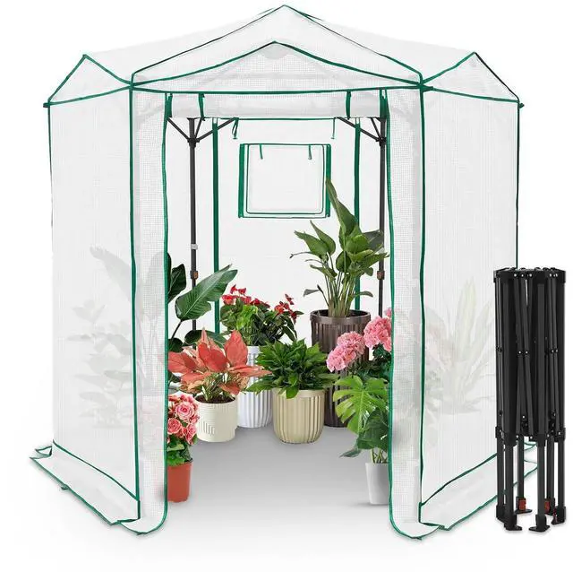 Main image of 6.6x6.6 Portable Walk in Greenhouse, Pop Up Indoor Outdoor Greenhouse, Green House Kit with Zippered Roll-Up Doors and Windows, Hexagon Design, PE Cover, Clear/White