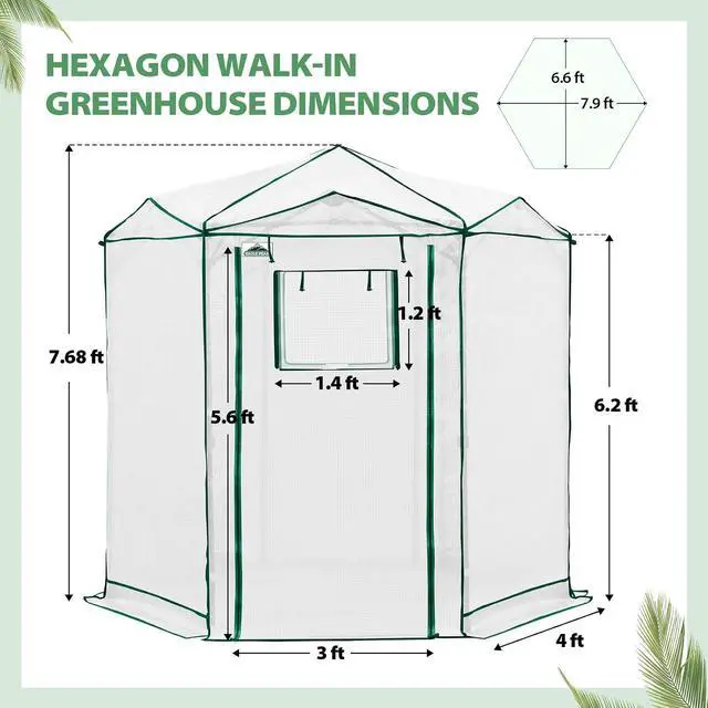 Alt view image 3 of 7 - 6.6x6.6 Portable Walk in Greenhouse, Pop Up Indoor Outdoor Greenhouse, Green House Kit with Zippered Roll-Up Doors and Windows, Hexagon Design, PE Cover, Clear/White