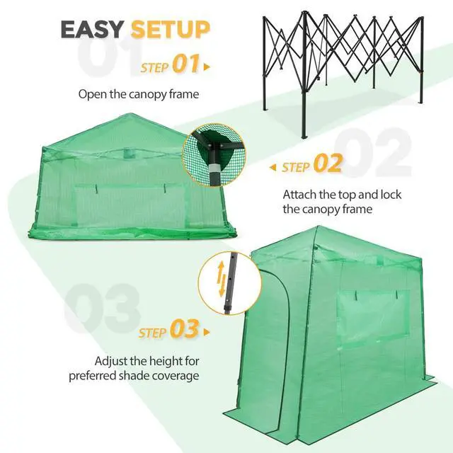 Alt view image 2 of 7 - 9x4 Portable Walk in Greenhouse, Pop Up Indoor Outdoor Greenhouse, Green House Kit with Zippered Roll-Up Doors and Windows, Lean-to Design, PE Cover, Clear/Green