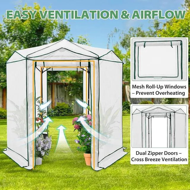 Alt view image 2 of 7 - 6.6x6.6 Portable Walk in Greenhouse, Pop Up Indoor Outdoor Greenhouse, Green House Kit with Zippered Roll-Up Doors and Windows, Hexagon Design, PE Cover, Clear/White