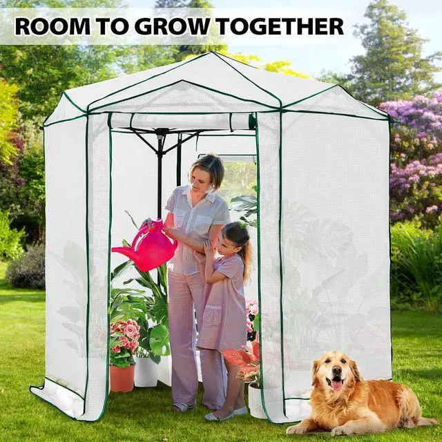 Alt view image 5 of 7 - 6.6x6.6 Portable Walk in Greenhouse, Pop Up Indoor Outdoor Greenhouse, Green House Kit with Zippered Roll-Up Doors and Windows, Hexagon Design, PE Cover, Clear/White
