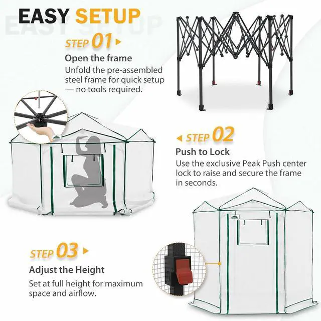 Alt view image 6 of 7 - 6.6x6.6 Portable Walk in Greenhouse, Pop Up Indoor Outdoor Greenhouse, Green House Kit with Zippered Roll-Up Doors and Windows, Hexagon Design, PE Cover, Clear/White