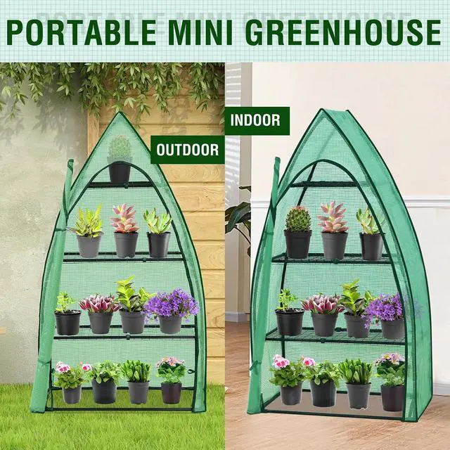 Alt view image 6 of 7 - 4-Tier Mini Greenhouse Portable Green House with Shelves & Weather-Resistant PE Cover, Small Greenhouse for Seedlings & Gardening Gifts, 35x18x63 in, Clear/Green