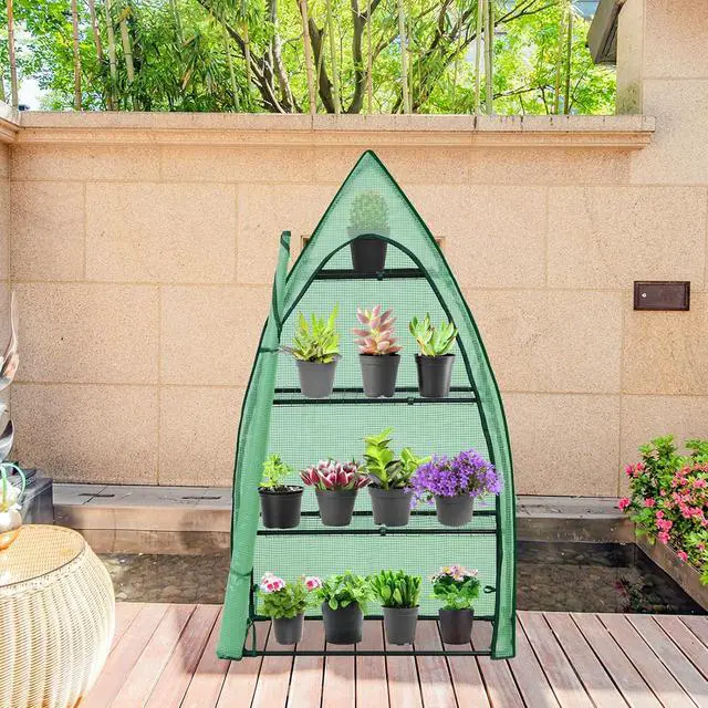 Alt view image 7 of 7 - 4-Tier Mini Greenhouse Portable Green House with Shelves & Weather-Resistant PE Cover, Small Greenhouse for Seedlings & Gardening Gifts, 35x18x63 in, Clear/Green