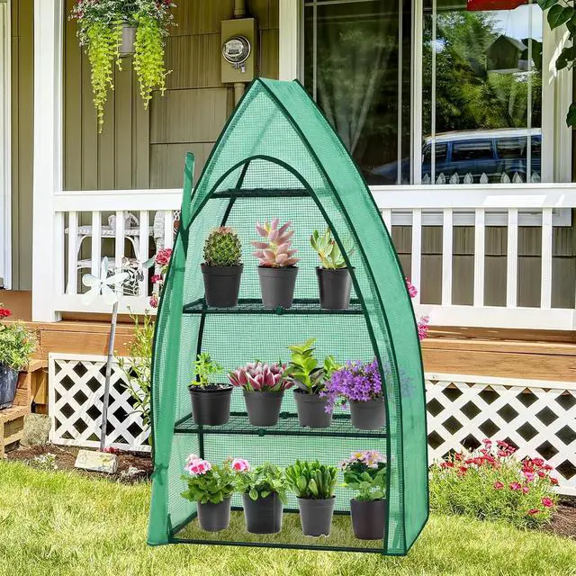 Alt view image 5 of 7 - 4-Tier Mini Greenhouse Portable Green House with Shelves & Weather-Resistant PE Cover, Small Greenhouse for Seedlings & Gardening Gifts, 35x18x63 in, Clear/Green