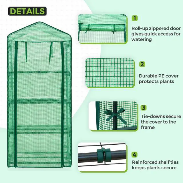 Alt view image 2 of 7 - 4-Tier Mini Greenhouse Portable Green House with Shelves & Weather-Resistant PE Cover, Small Greenhouse for Seedlings & Gardening Gifts, 27x19x64 in, Clear/Green