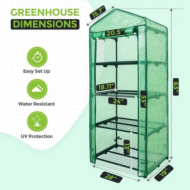 Alt view image 3 of 7 - 4-Tier Mini Greenhouse Portable Green House with Shelves & Weather-Resistant PE Cover, Small Greenhouse for Seedlings & Gardening Gifts, 27x19x64 in, Clear/Green