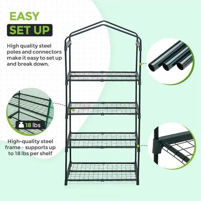 Alt view image 6 of 7 - 4-Tier Mini Greenhouse Portable Green House with Shelves & Weather-Resistant PE Cover, Small Greenhouse for Seedlings & Gardening Gifts, 27x19x64 in, Clear/Green