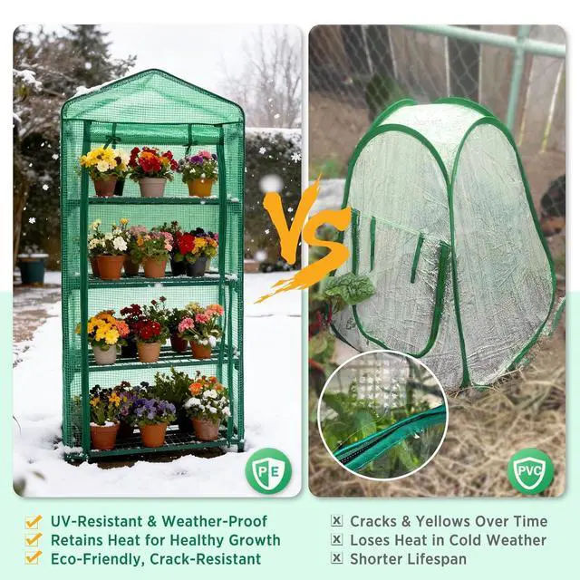 Alt view image 4 of 7 - 4-Tier Mini Greenhouse Portable Green House with Shelves & Weather-Resistant PE Cover, Small Greenhouse for Seedlings & Gardening Gifts, 27x19x64 in, Clear/Green