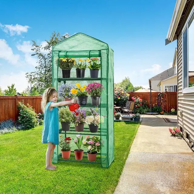 Alt view image 5 of 7 - 4-Tier Mini Greenhouse Portable Green House with Shelves & Weather-Resistant PE Cover, Small Greenhouse for Seedlings & Gardening Gifts, 27x19x64 in, Clear/Green