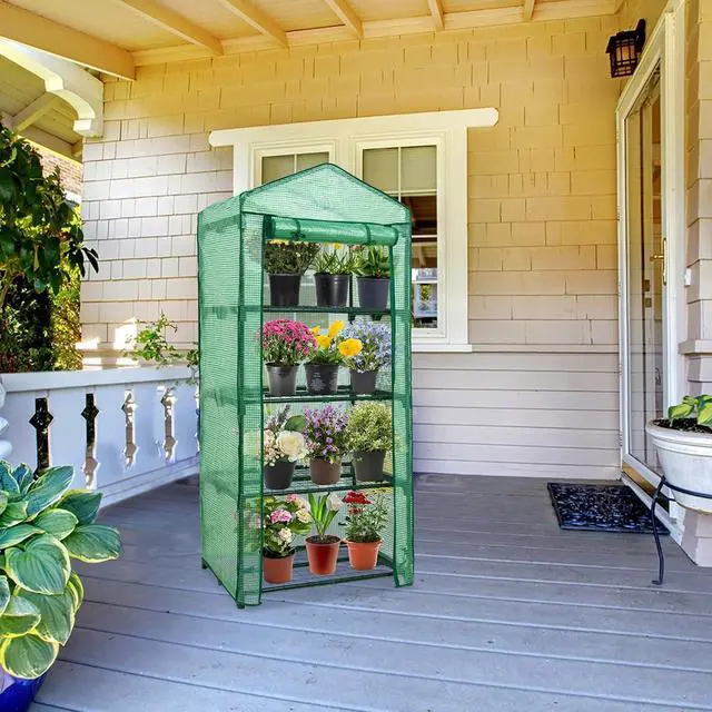 Alt view image 7 of 7 - 4-Tier Mini Greenhouse Portable Green House with Shelves & Weather-Resistant PE Cover, Small Greenhouse for Seedlings & Gardening Gifts, 27x19x64 in, Clear/Green