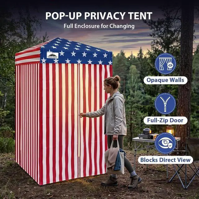 Alt view image 2 of 7 - 4x4 Pop Up Changing Tent, Outdoor Changing Room, American Flag | Portable, Privacy Tent, Pool Cabana, Dressing Room, Shower & Toilet Use, Opaque Fabric, Instant Setup, Photoshoots, Camping