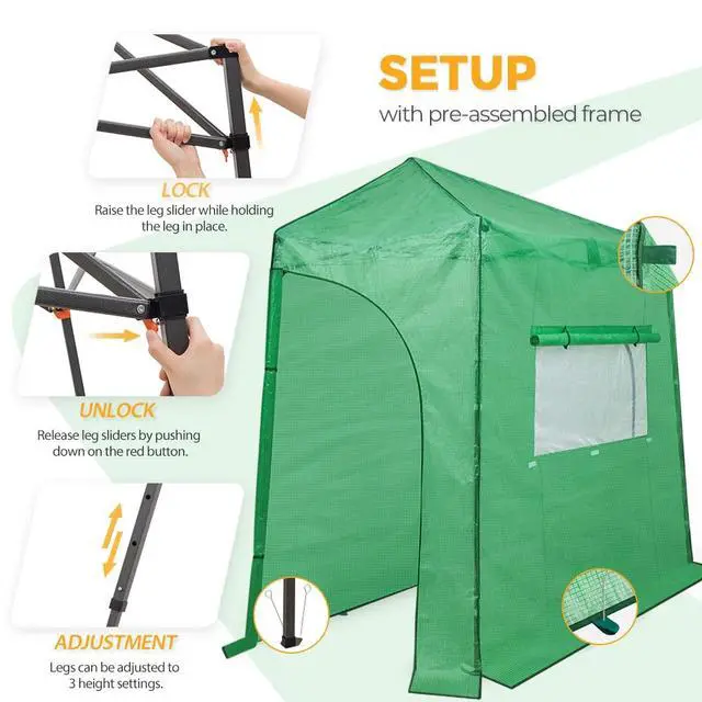 Alt view image 3 of 7 - 9x4 Portable Walk in Greenhouse, Pop Up Indoor Outdoor Greenhouse, Green House Kit with Zippered Roll-Up Doors and Windows, Lean-to Design, PE Cover, Clear/Green