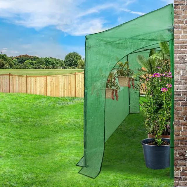 Alt view image 5 of 7 - 9x4 Portable Walk in Greenhouse, Pop Up Indoor Outdoor Greenhouse, Green House Kit with Zippered Roll-Up Doors and Windows, Lean-to Design, PE Cover, Clear/Green