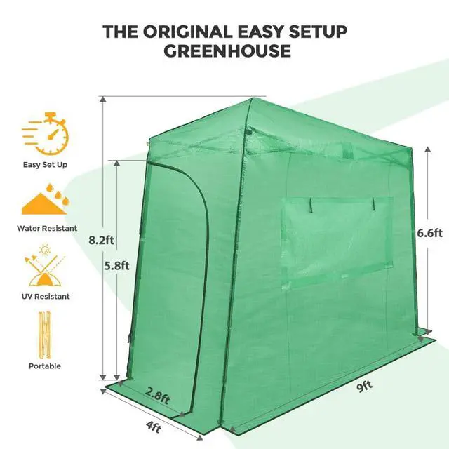 Alt view image 6 of 7 - 9x4 Portable Walk in Greenhouse, Pop Up Indoor Outdoor Greenhouse, Green House Kit with Zippered Roll-Up Doors and Windows, Lean-to Design, PE Cover, Clear/Green