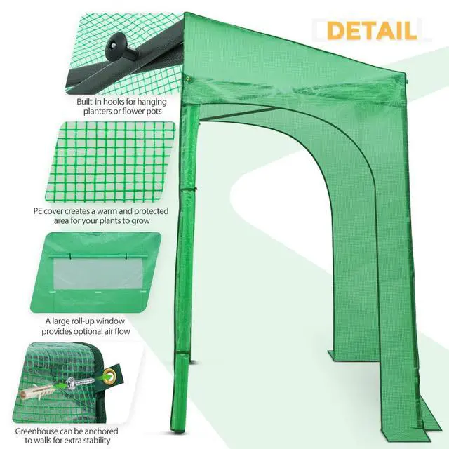 Alt view image 7 of 7 - 9x4 Portable Walk in Greenhouse, Pop Up Indoor Outdoor Greenhouse, Green House Kit with Zippered Roll-Up Doors and Windows, Lean-to Design, PE Cover, Clear/Green