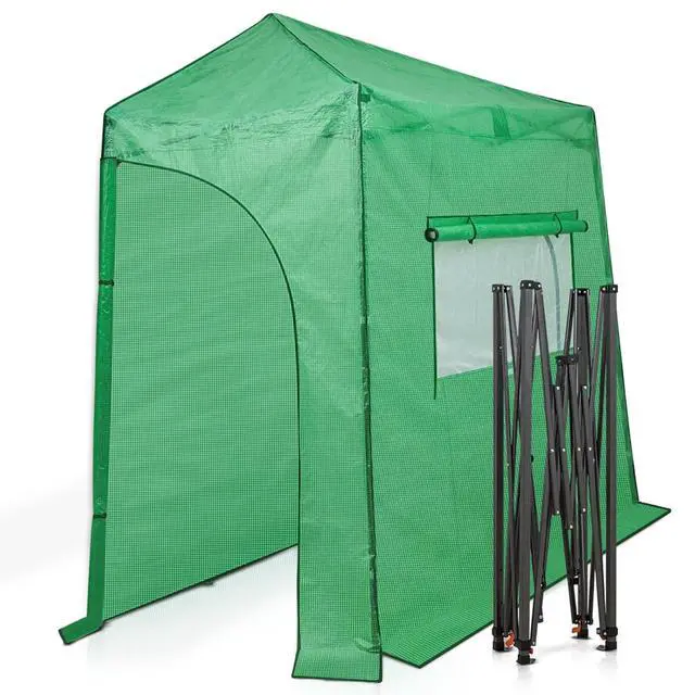 Alt view image 4 of 7 - 9x4 Portable Walk in Greenhouse, Pop Up Indoor Outdoor Greenhouse, Green House Kit with Zippered Roll-Up Doors and Windows, Lean-to Design, PE Cover, Clear/Green