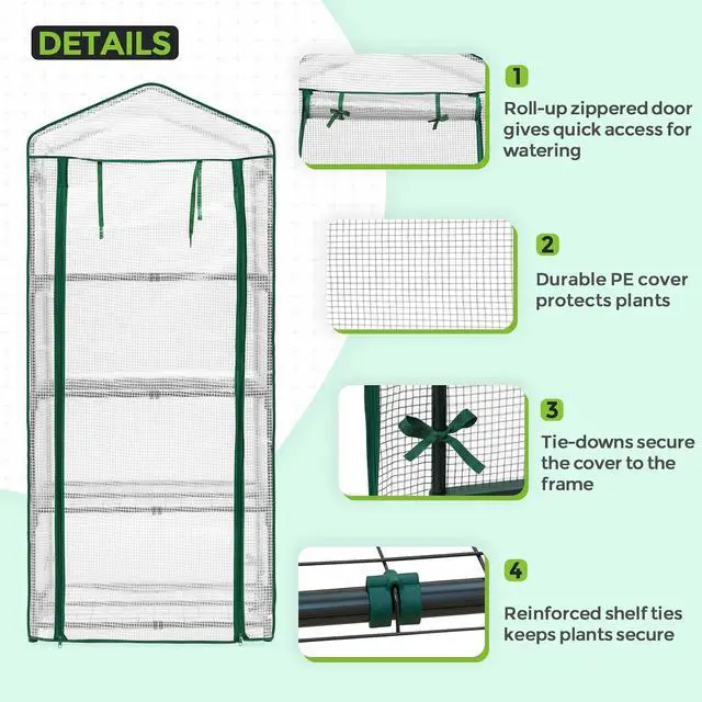 Alt view image 2 of 7 - 4-Tier Mini Greenhouse Portable Green House with Shelves & Weather-Resistant PE Cover, Small Greenhouse for Seedlings & Gardening Gifts, 27x19x64 in, Clear/White