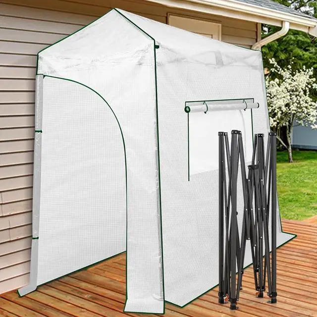 Main image of 9x4 Portable Walk in Greenhouse, Pop Up Indoor Outdoor Greenhouse, Green House Kit with Zippered Roll-Up Doors and Windows, Lean-to Design, PE Cover, Clear/White