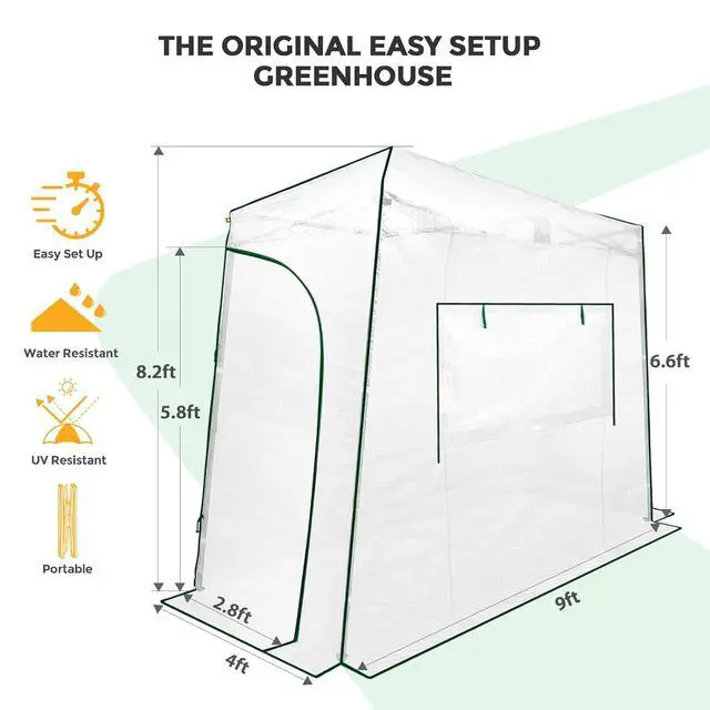 Alt view image 3 of 7 - 9x4 Portable Walk in Greenhouse, Pop Up Indoor Outdoor Greenhouse, Green House Kit with Zippered Roll-Up Doors and Windows, Lean-to Design, PE Cover, Clear/White