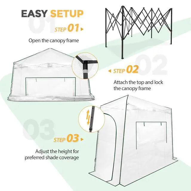 Alt view image 4 of 7 - 9x4 Portable Walk in Greenhouse, Pop Up Indoor Outdoor Greenhouse, Green House Kit with Zippered Roll-Up Doors and Windows, Lean-to Design, PE Cover, Clear/White