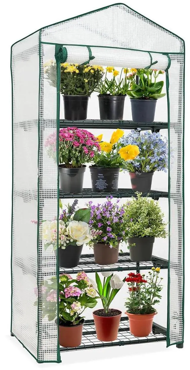 Main image of 4-Tier Mini Greenhouse Portable Green House with Shelves & Weather-Resistant PE Cover, Small Greenhouse for Seedlings & Gardening Gifts, 27x19x64 in, Clear/White