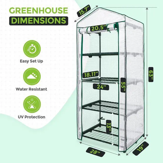 Alt view image 3 of 7 - 4-Tier Mini Greenhouse Portable Green House with Shelves & Weather-Resistant PE Cover, Small Greenhouse for Seedlings & Gardening Gifts, 27x19x64 in, Clear/White