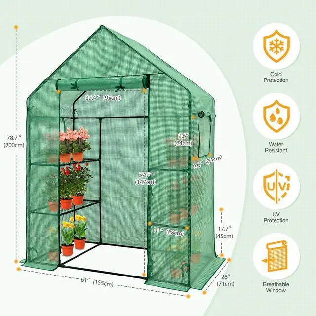 Alt view image 3 of 7 - Walk in 3-Tier Greenhouse with Wire Shelves, Portable Indoor and Outdoor Green House with Roll-Up Zippered Door & 2 Roll Up Side Windows, 4 Shelves, 61"x28"x79", Clear/Green PE Cover