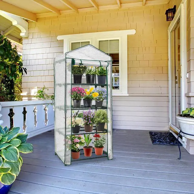 Alt view image 5 of 7 - 4-Tier Mini Greenhouse Portable Green House with Shelves & Weather-Resistant PE Cover, Small Greenhouse for Seedlings & Gardening Gifts, 27x19x64 in, Clear/White