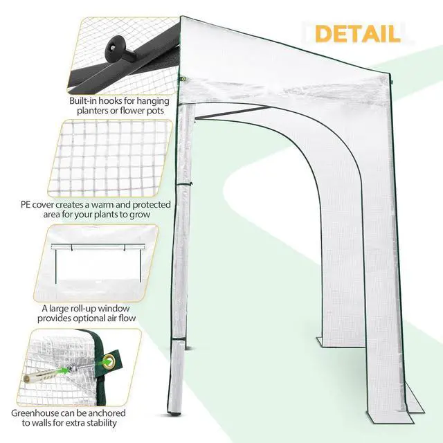 Alt view image 2 of 7 - 9x4 Portable Walk in Greenhouse, Pop Up Indoor Outdoor Greenhouse, Green House Kit with Zippered Roll-Up Doors and Windows, Lean-to Design, PE Cover, Clear/White