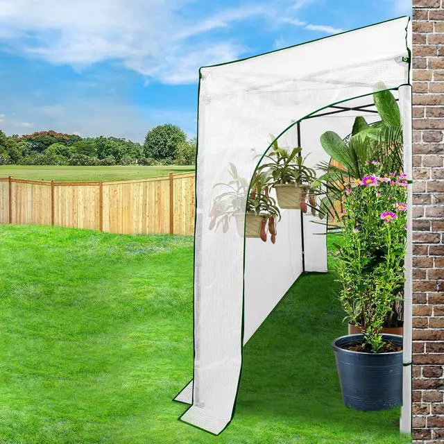 Alt view image 5 of 7 - 9x4 Portable Walk in Greenhouse, Pop Up Indoor Outdoor Greenhouse, Green House Kit with Zippered Roll-Up Doors and Windows, Lean-to Design, PE Cover, Clear/White