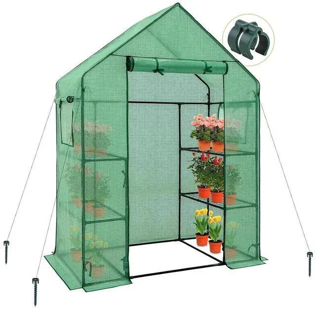 Main image of Walk in 3-Tier Greenhouse with Wire Shelves, Portable Indoor and Outdoor Green House with Roll-Up Zippered Door & 2 Roll Up Side Windows, 4 Shelves, 61"x28"x79", Clear/Green PE Cover