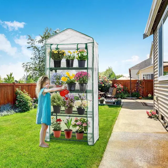 Alt view image 7 of 7 - 4-Tier Mini Greenhouse Portable Green House with Shelves & Weather-Resistant PE Cover, Small Greenhouse for Seedlings & Gardening Gifts, 27x19x64 in, Clear/White