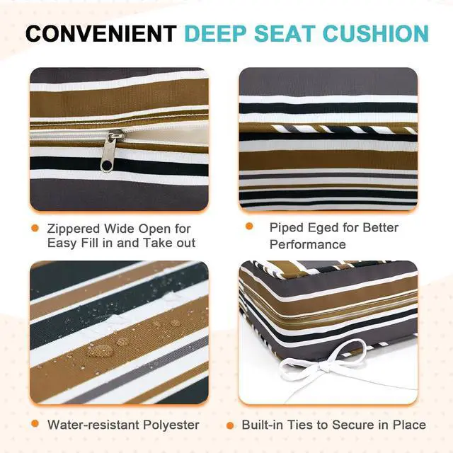 Alt view image 4 of 7 - Outdoor Deep Seat Patio Seat Cushion Set, 24 x 24 x 5 inch, 2-Piece Back Chair Cushion, 1 Pack, Brown Stripe