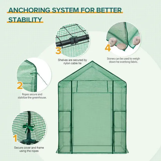 Alt view image 4 of 7 - Walk in 3-Tier Greenhouse with Wire Shelves, Portable Indoor and Outdoor Green House with Roll-Up Zippered Door & 2 Roll Up Side Windows, 4 Shelves, 61"x28"x79", Clear/Green PE Cover