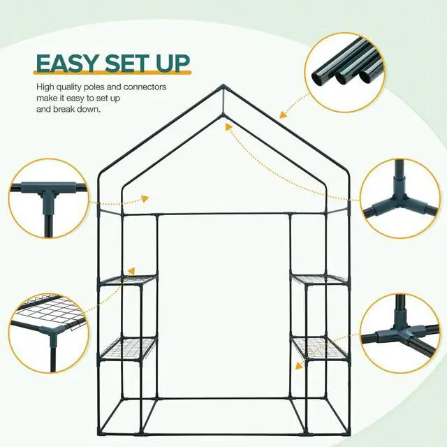 Alt view image 7 of 7 - Walk in 3-Tier Greenhouse with Wire Shelves, Portable Indoor and Outdoor Green House with Roll-Up Zippered Door & 2 Roll Up Side Windows, 4 Shelves, 61"x28"x79", Clear/Green PE Cover