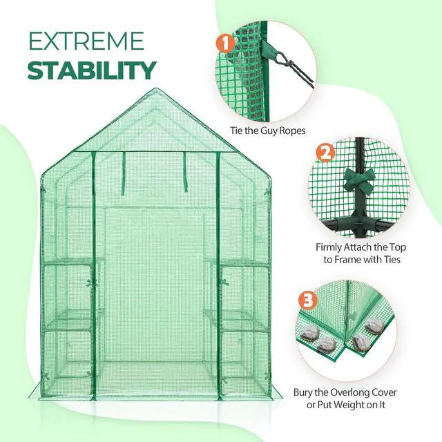 Alt view image 2 of 7 - Walk in 3-Tier Greenhouse with Wire Shelves, Portable Indoor and Outdoor Green House with Roll-Up Zippered Door & 2 Roll Up Windows, 8 Shelves, 56"x56"x77", Clear/Green PE Cover